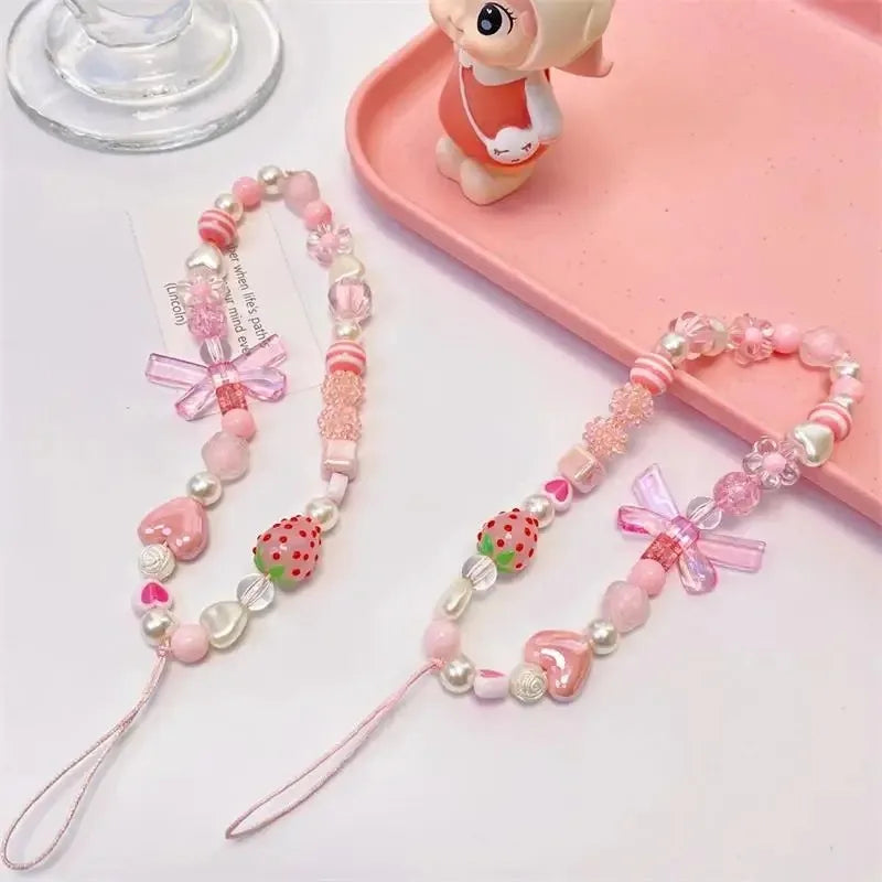 Sweet Strawberry🍓 & Pink Bow Beaded Phone Charm🎀