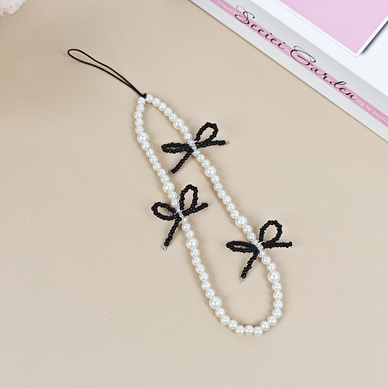 Elegant Pearl🦪& Black Beaded Bow🎀Phone Charm.