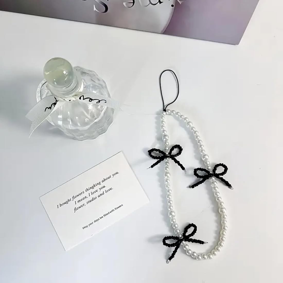 Elegant Pearl🦪& Black Beaded Bow🎀Phone Charm.