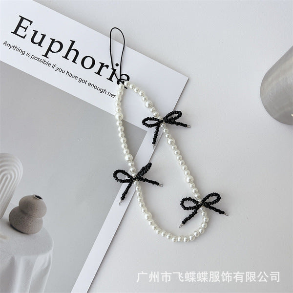 Elegant Pearl🦪& Black Beaded Bow🎀Phone Charm.